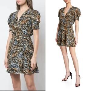 Saloni puff sleeves lea silk ink tiger mini wrap dress size 4 mob‎ wife